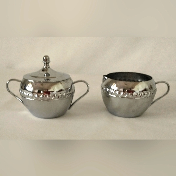 60's Irvinware Mid Century Mod Chrome Sugar Bowl/Lid & Creamer - Picture 1 of 9